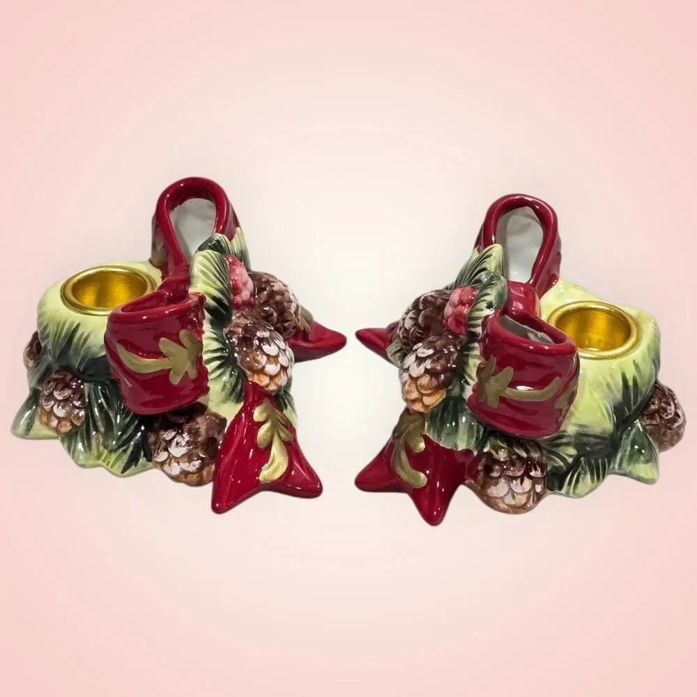 VTG Ceramic Christmas Wreath Candle Holders With Pinecones And Red Bow‎ 3D